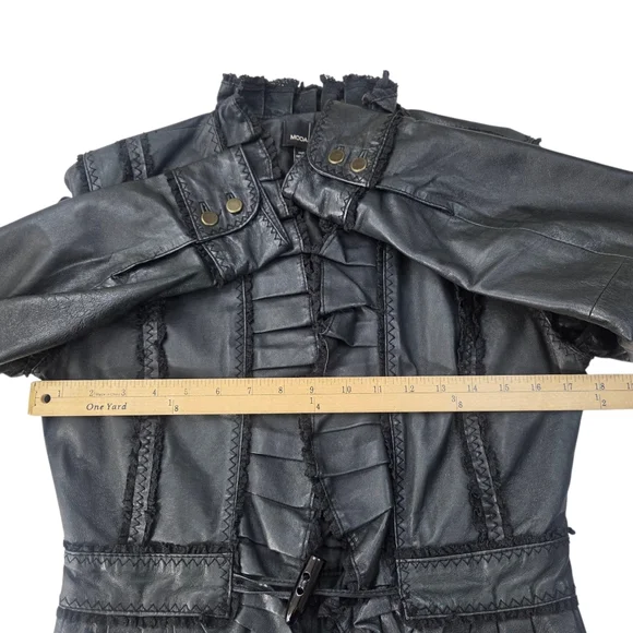 Vintage Y2K Black Leather Jacket Womens Small Ruffle Whimsygoth Romance Coquette - Picture 9 of 12